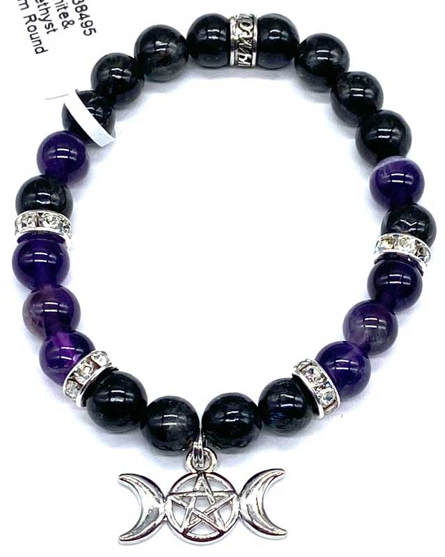 8mm Nuummite, Amethyst, Triple Moon bracelet